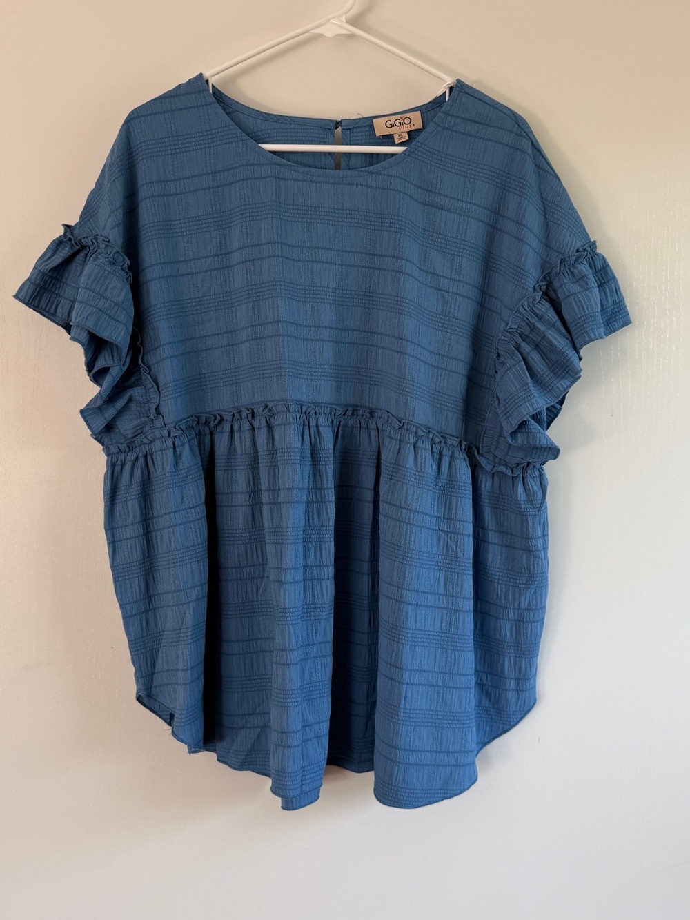 G.O. Live Textured Ruffle Sleeve Peplum Top in Dusty Blue